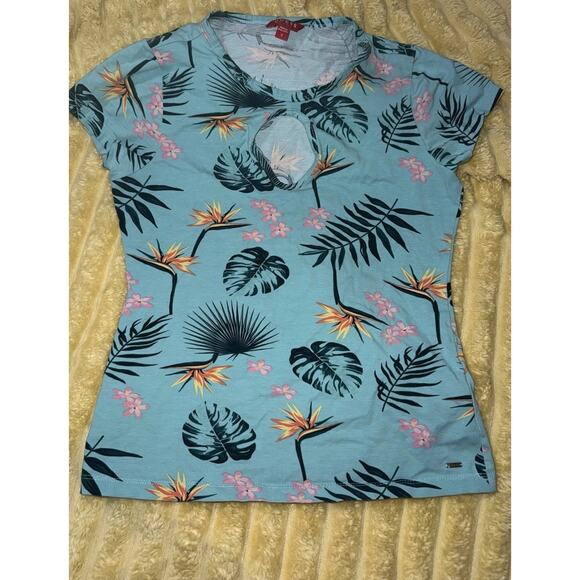 Women’s Tropical Keyhole Tee Shirt Guess Teal Size Small - Picture 1 of 4